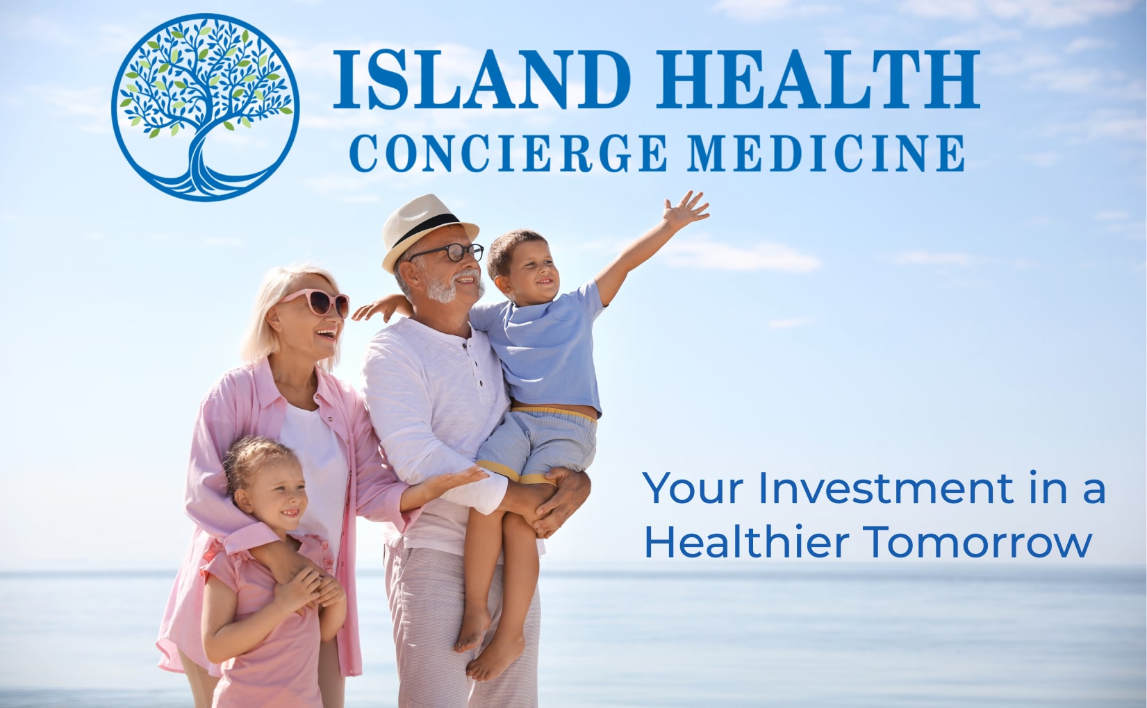 grandparents enjoying time at the beach with their grandchildren thanks to Island Health's concierge internal medicine care