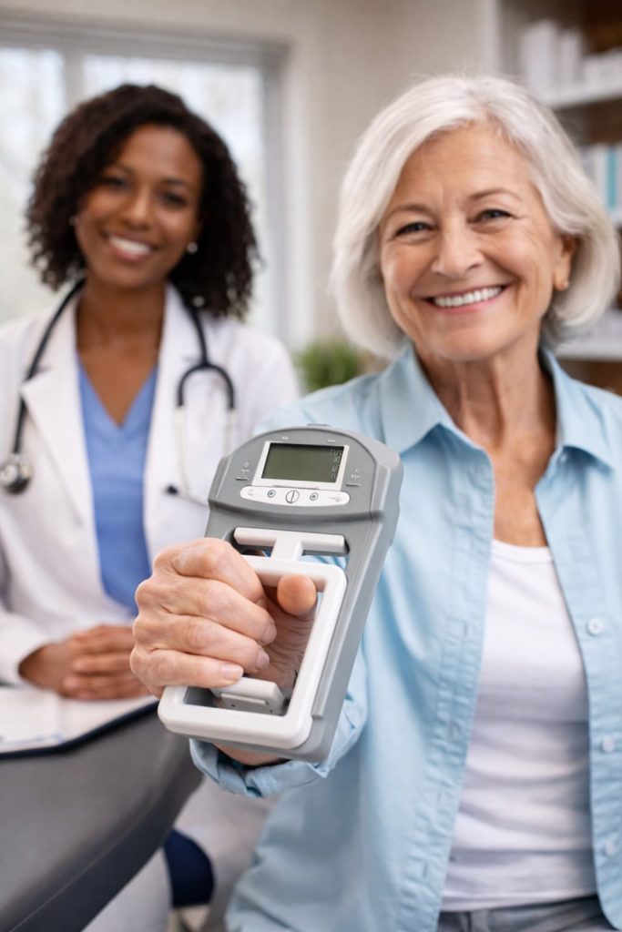 Doctor and patient testing blood pressure